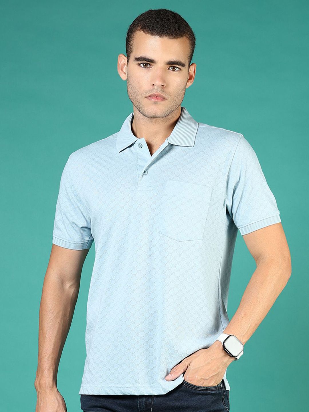 V-Mart Men Geometric Printed Polo Collar Cotton T-shirt