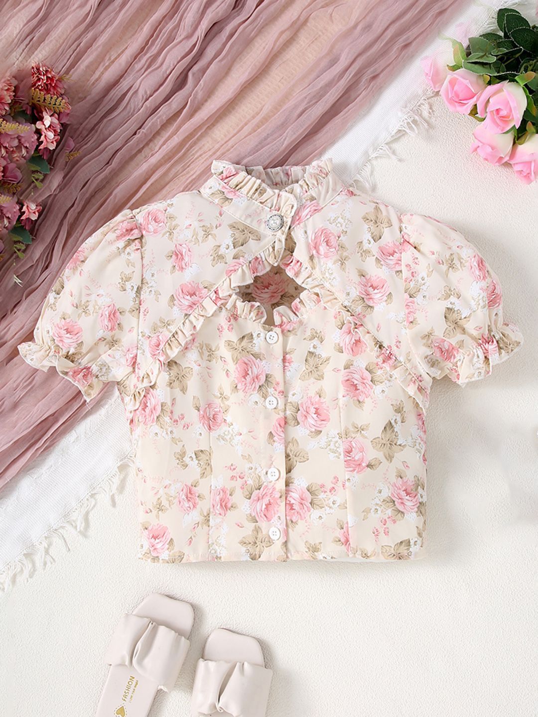 INCLUD Girls Floral Print Mandarin Collar Puff Sleeve Top
