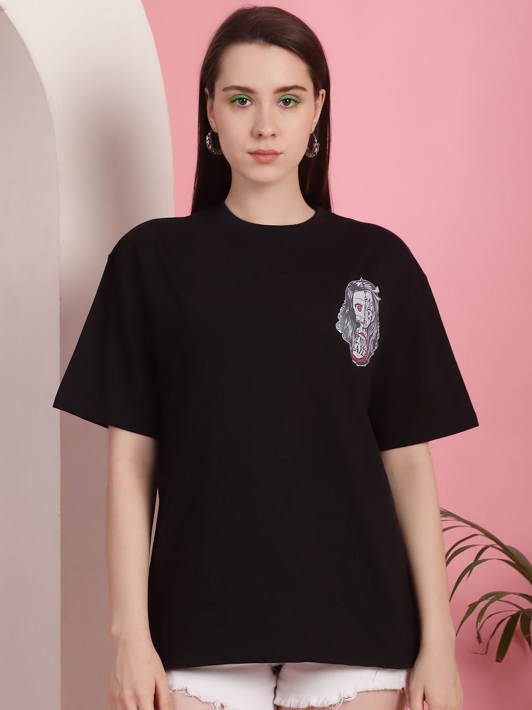 Metronaut Women Graphic Printed Round Neck Cotton Oversized Longline T-shirt