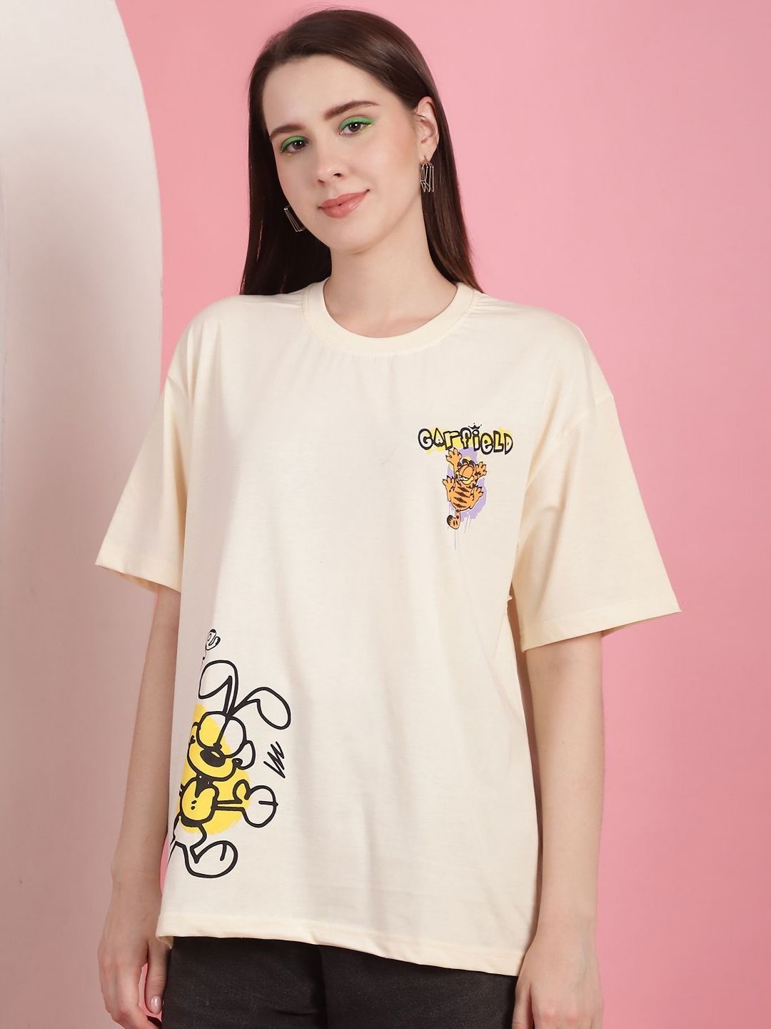 Metronaut Women Garfield Graphic Printed Round Neck Cotton Oversized Longline T-shirt