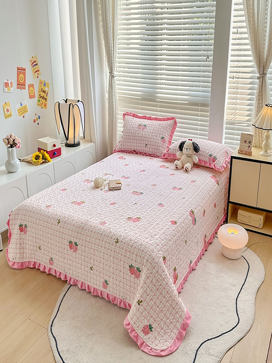 JC HOME Pink & White Printed Cotton Double Queen Bed & Pillow Cover