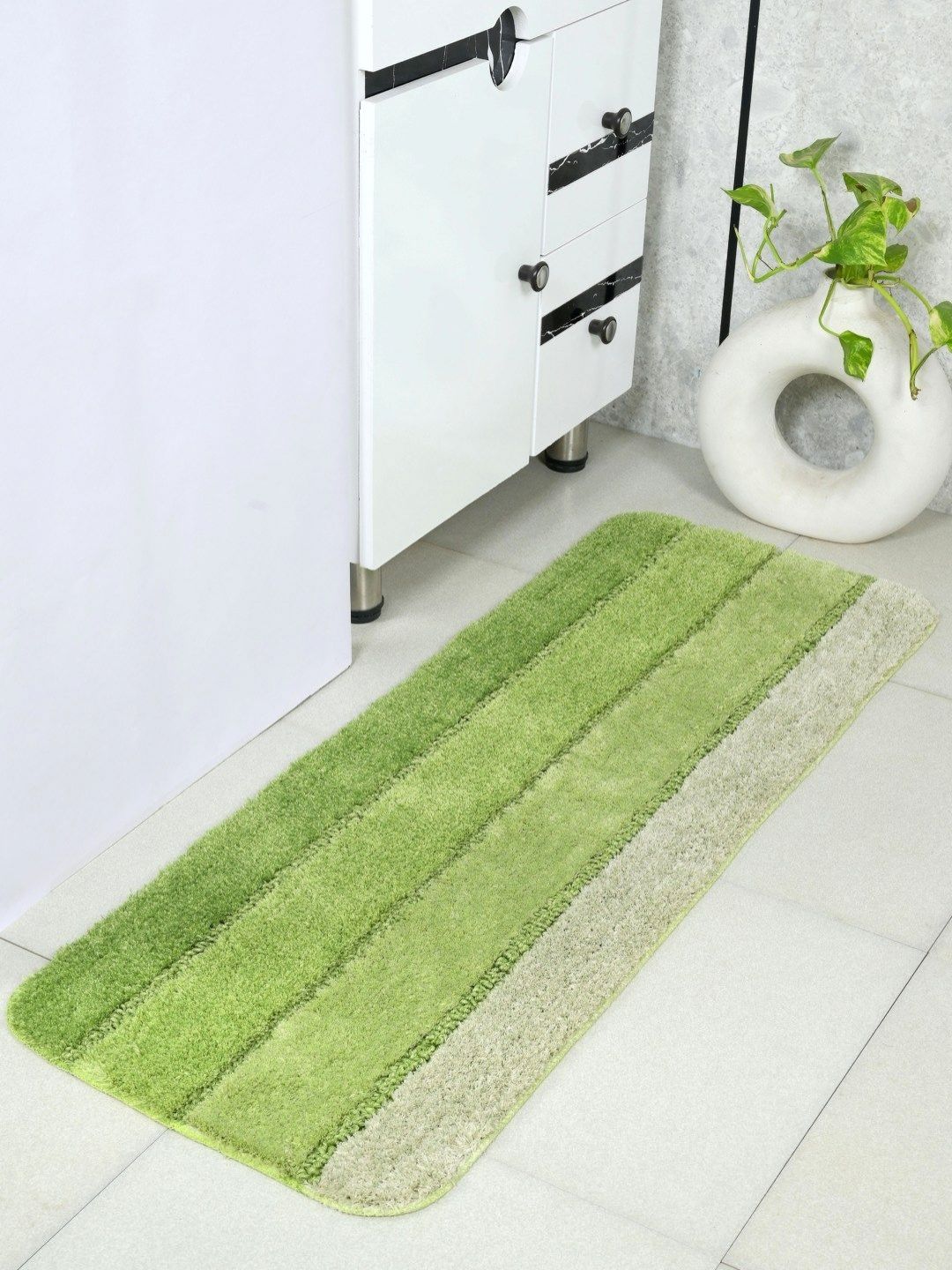 Saral Home Green & Grey Striped Anti Slip Microfiber Runner
