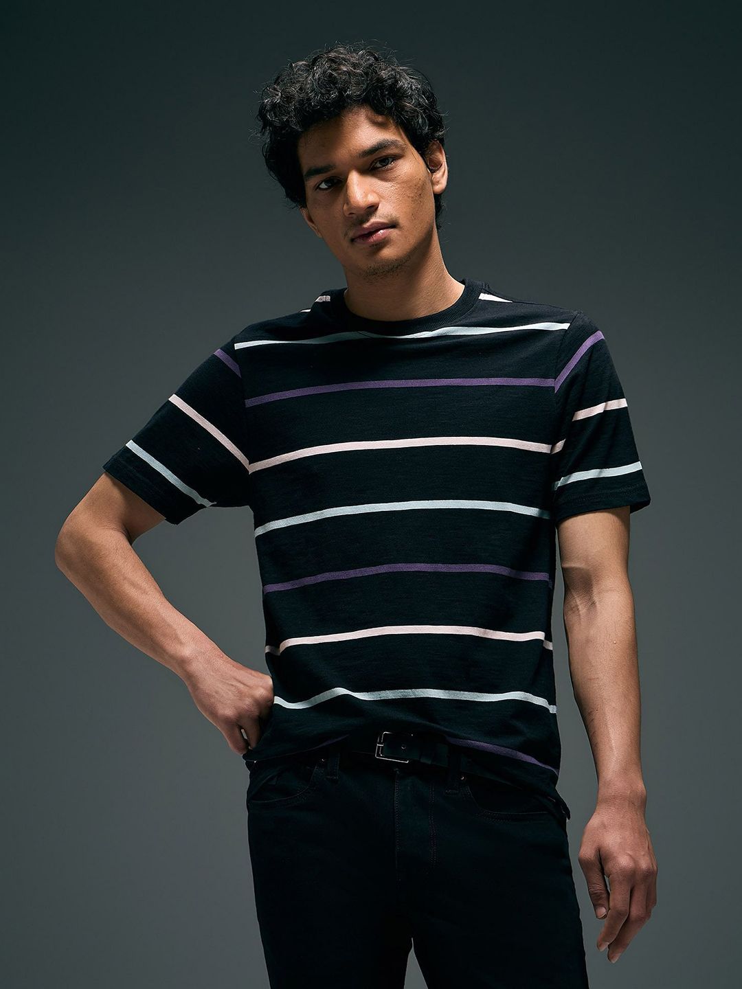Flying Machine Striped Round Neck Cotton T-shirt