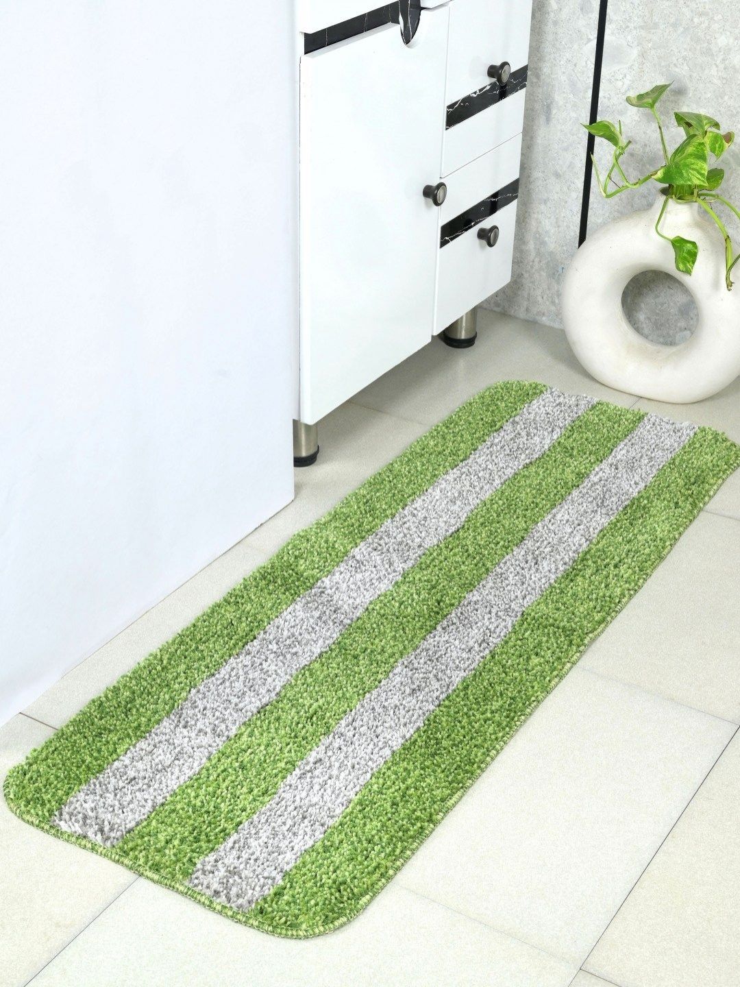 Saral Home Green & Grey Striped Anti Slip Microfiber Runner