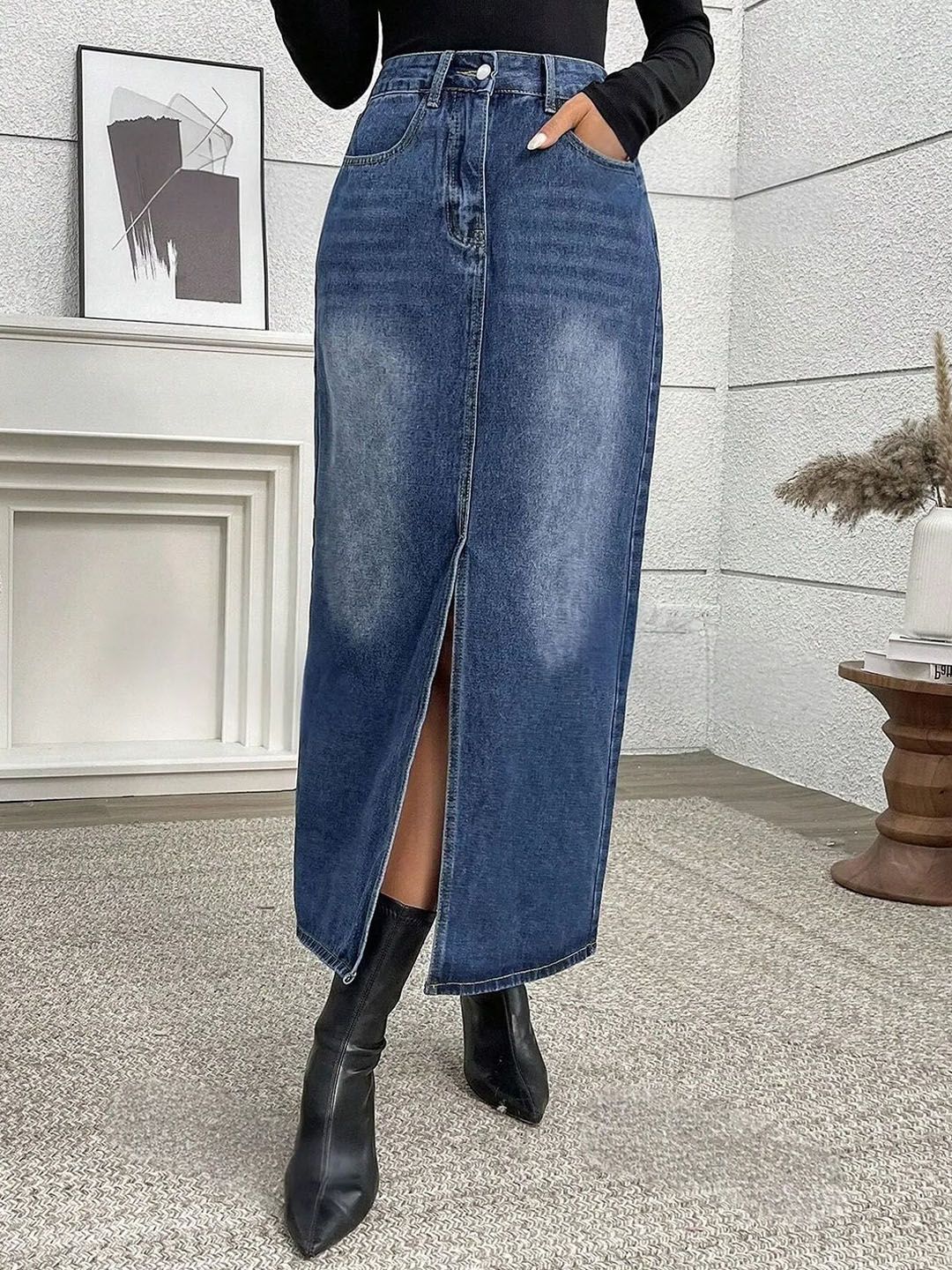 dolsia Women A-Line Front Slit Midi Skirt