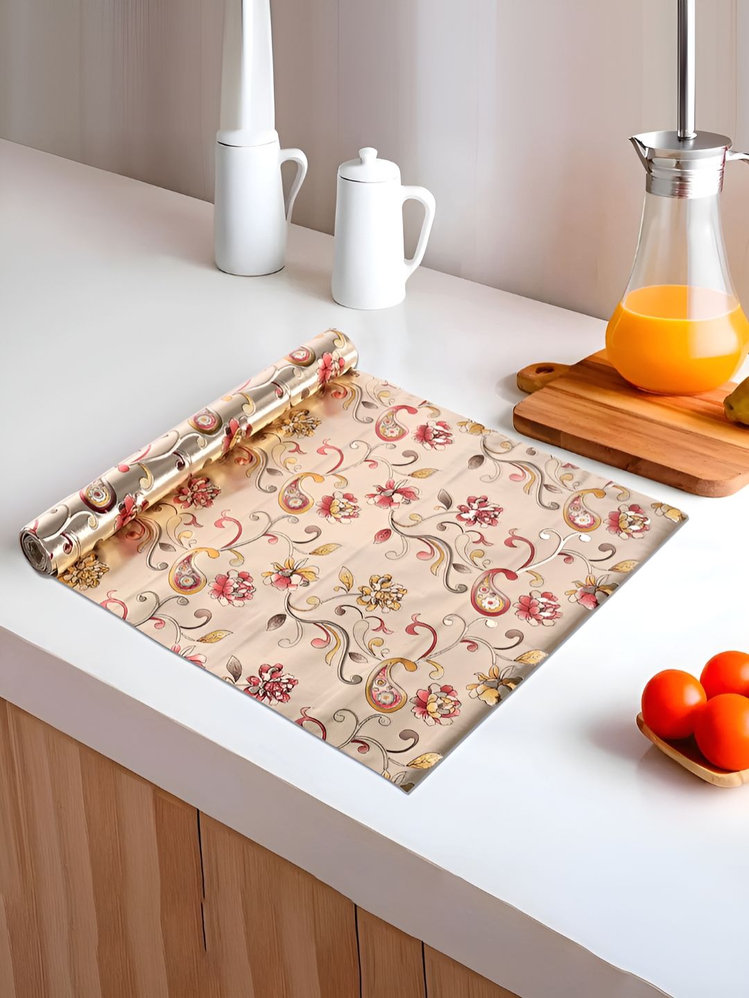 Myntra Elegant Homes Gold-Toned & Pink Floral Printed Shelf Liner Organiser