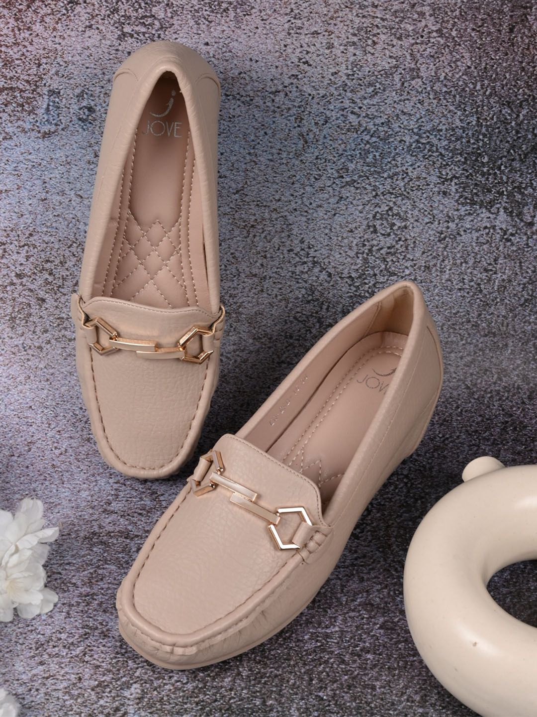 Jove Women Textured PU Wedge Heel Horsebit Loafers