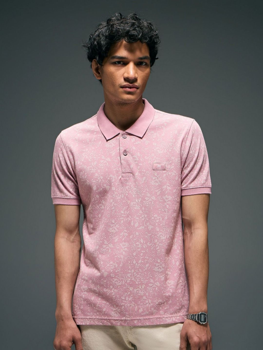 Flying Machine Floral Printed Polo Collar Cotton T-shirt