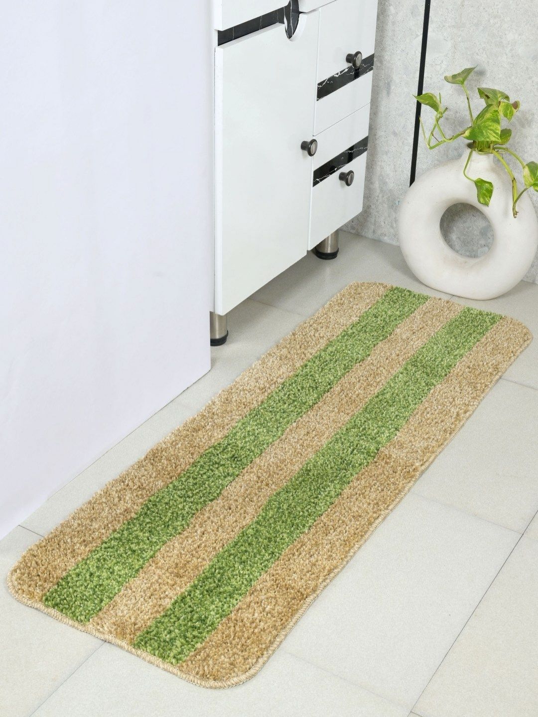Saral Home Green & Beige Striped Anti Slip Microfiber Runner