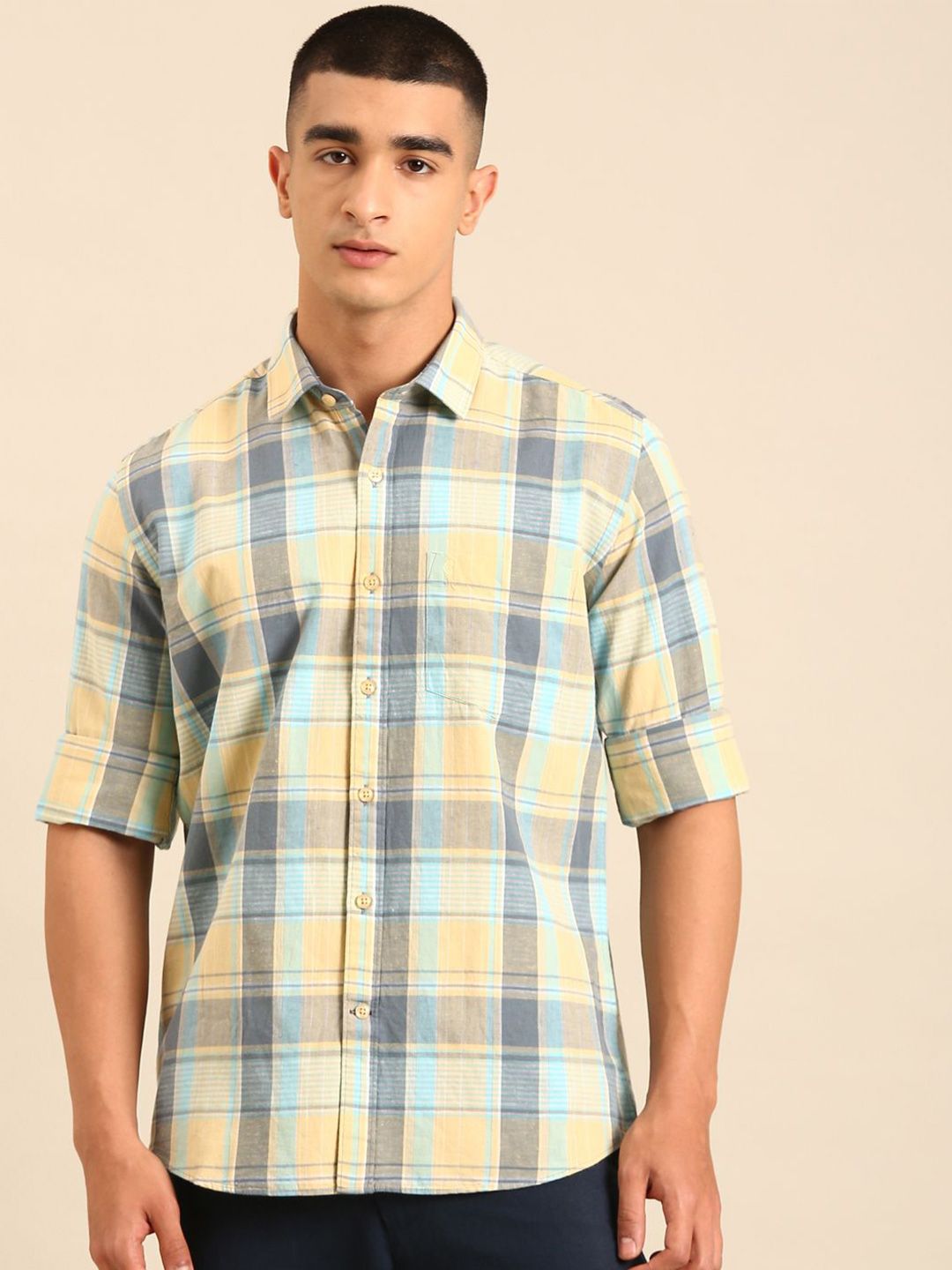 CAVALLO by Linen Club Men Cotton Linen Regular Fit Fit Spread Collar Checked Casual Shirt