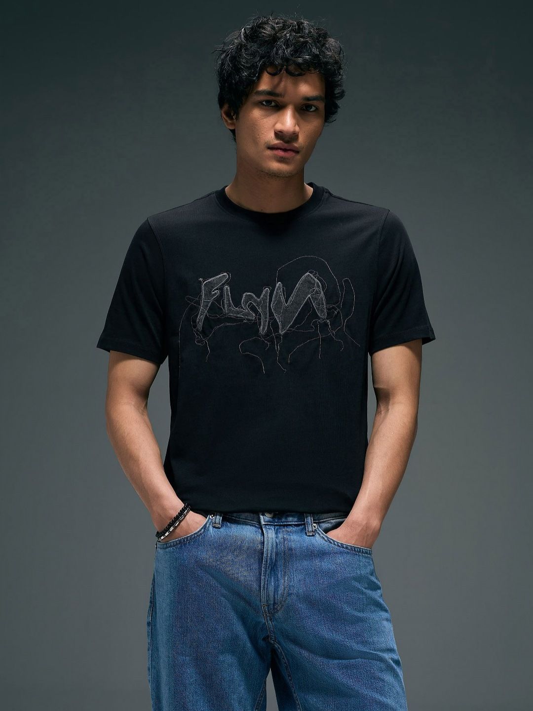 Flying Machine Cotton Typography Printed Applique T-shirt