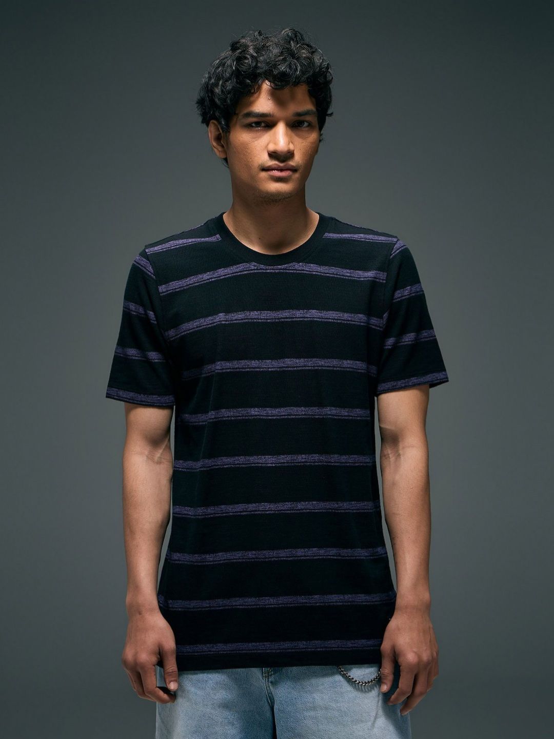 Flying Machine Flying Machine Striped Round Neck Cotton T-shirt