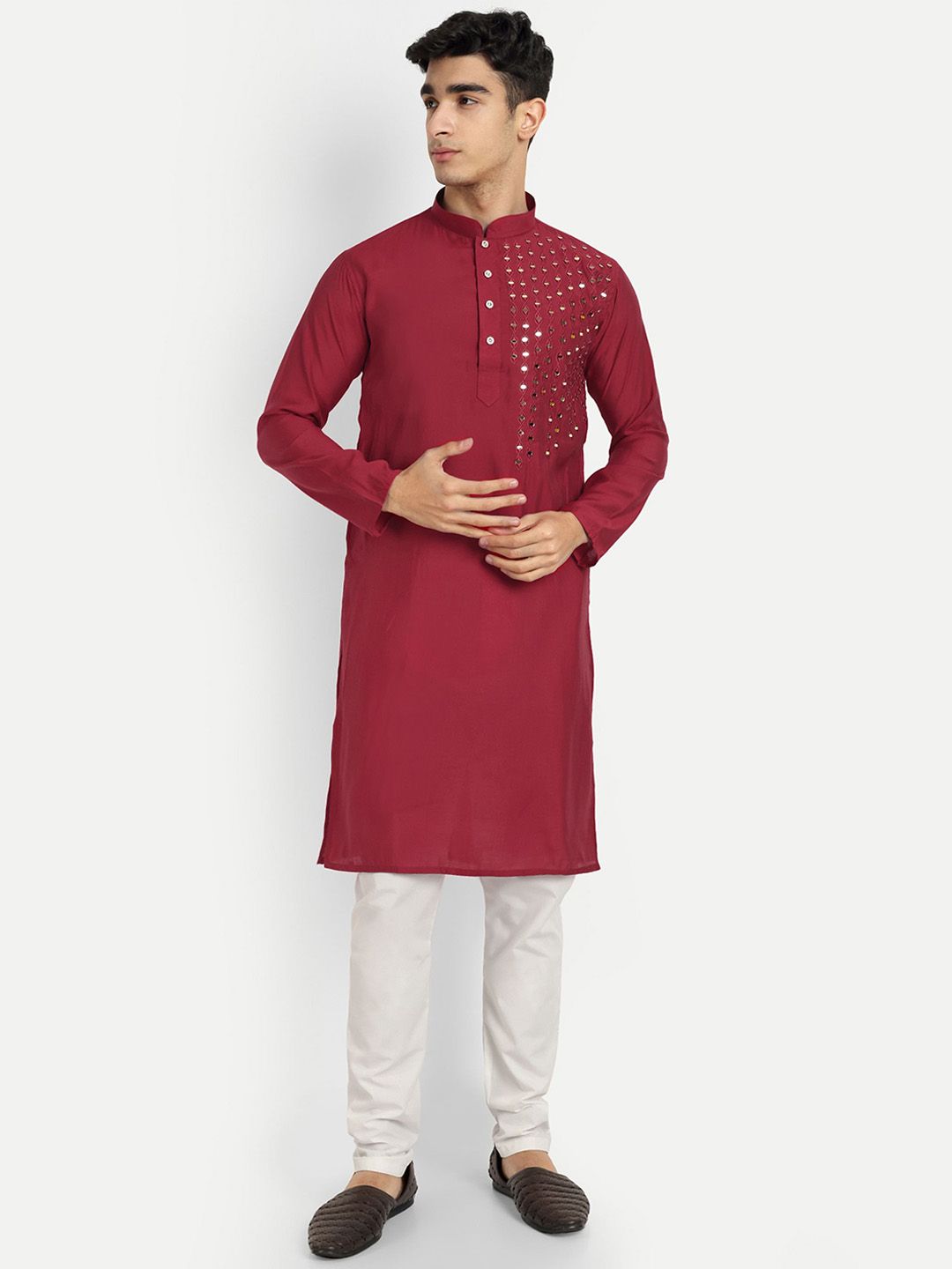 WELL TEX Geometric Yoke Design Mirror Work Mandarin Collar Straight Kurta