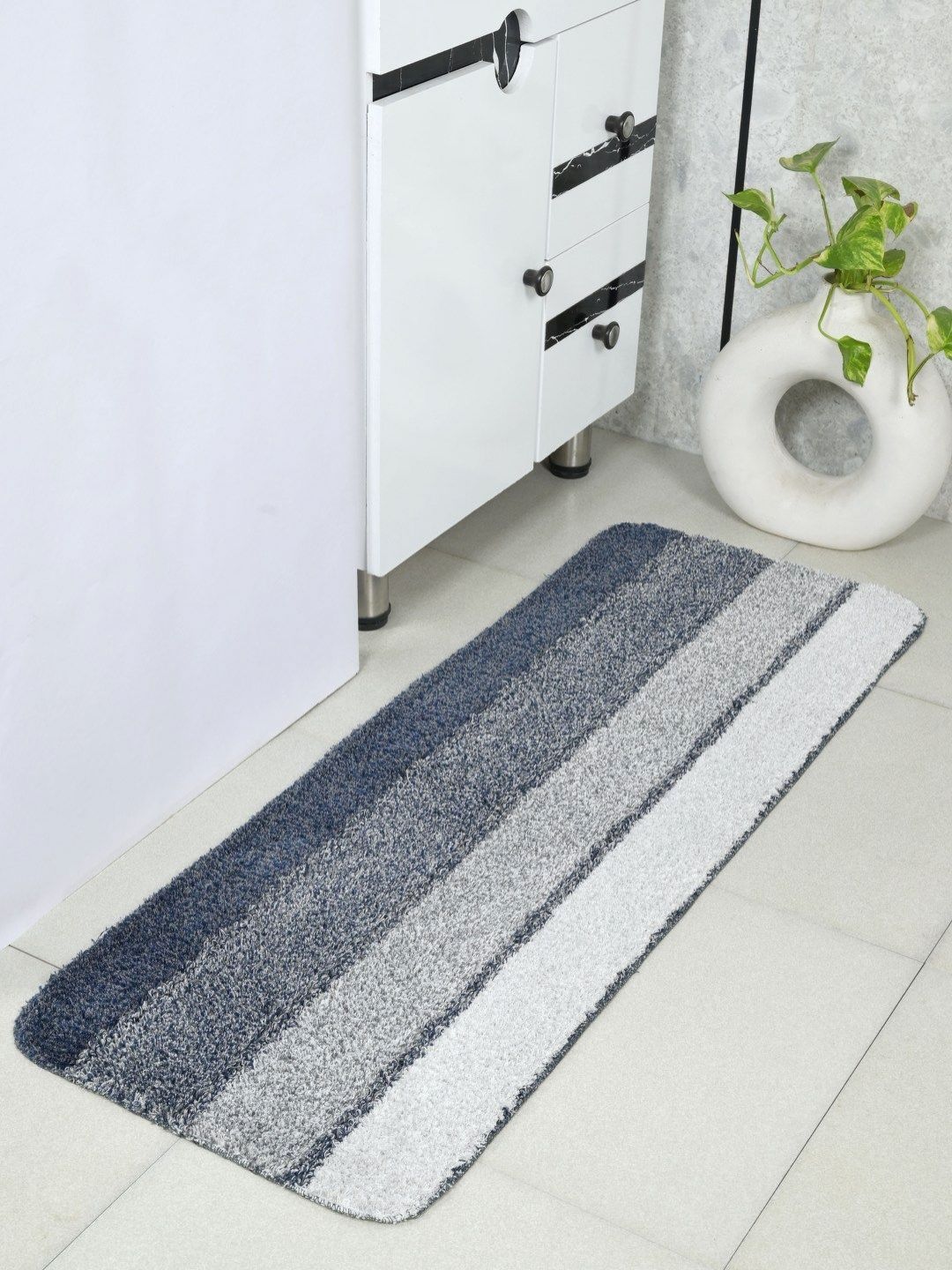 Saral Home Blue 1 Piece Grey & White Striped Anti Slip Microfiber Runner