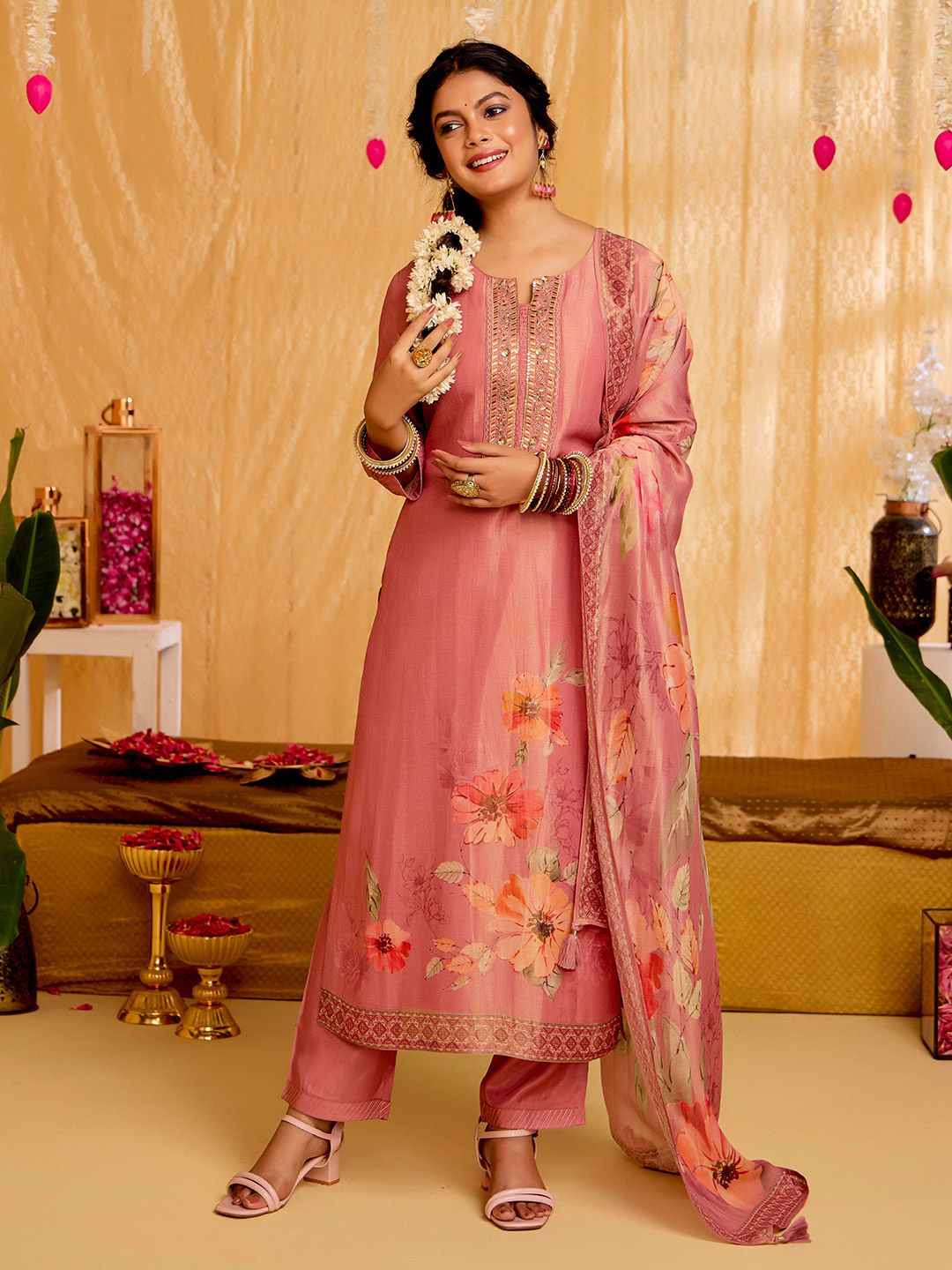Jaipur Kurti Floral Printed Sequinned Straight Kurta With Trousers And Dupatta