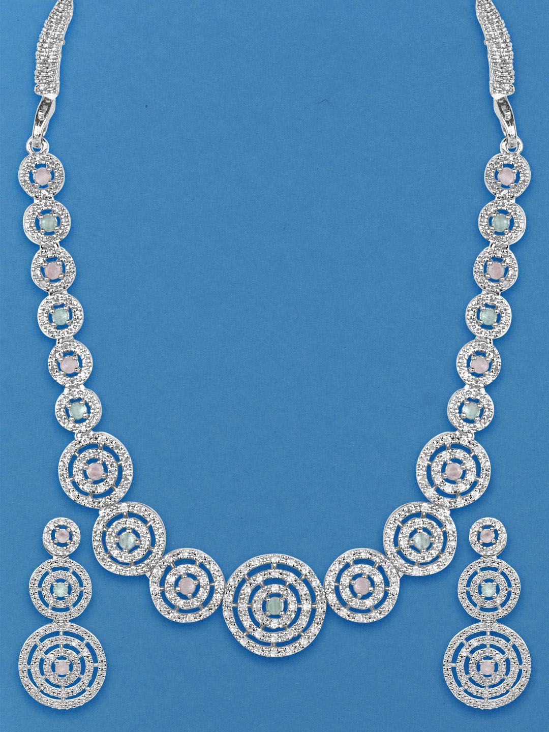 M GOLD Silver Plated Cubic Zirconia Stones Studded Necklace And Earrings