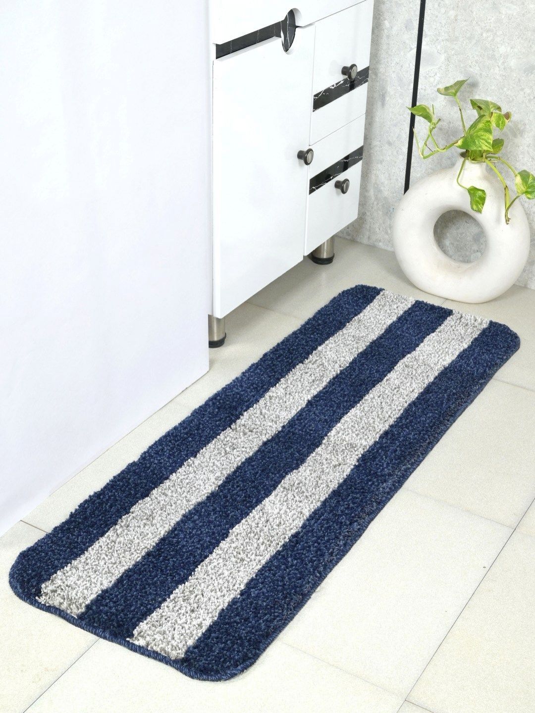 Saral Home Blue & Grey Striped Anti Slip Microfiber Runner