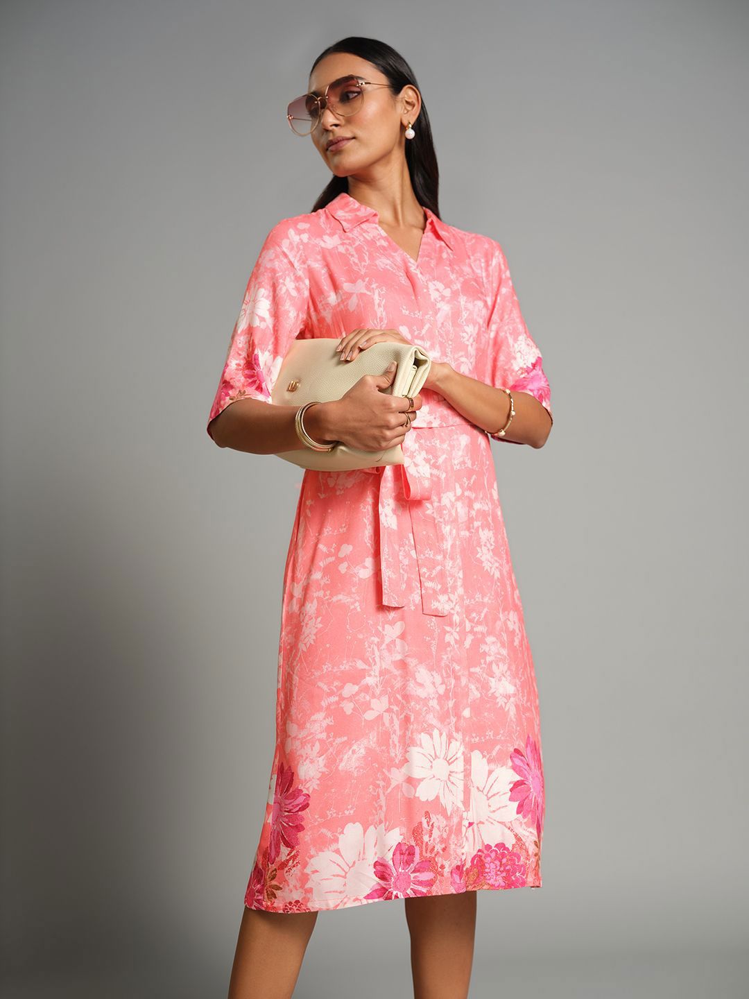 AND AND Women Floral Printed Shirt Midi Dress