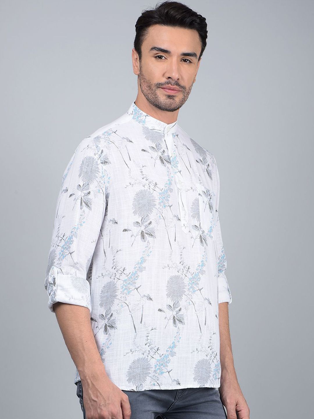Crimsoune Club Floral Printed Band Collar Pure Cotton Straight Kurta