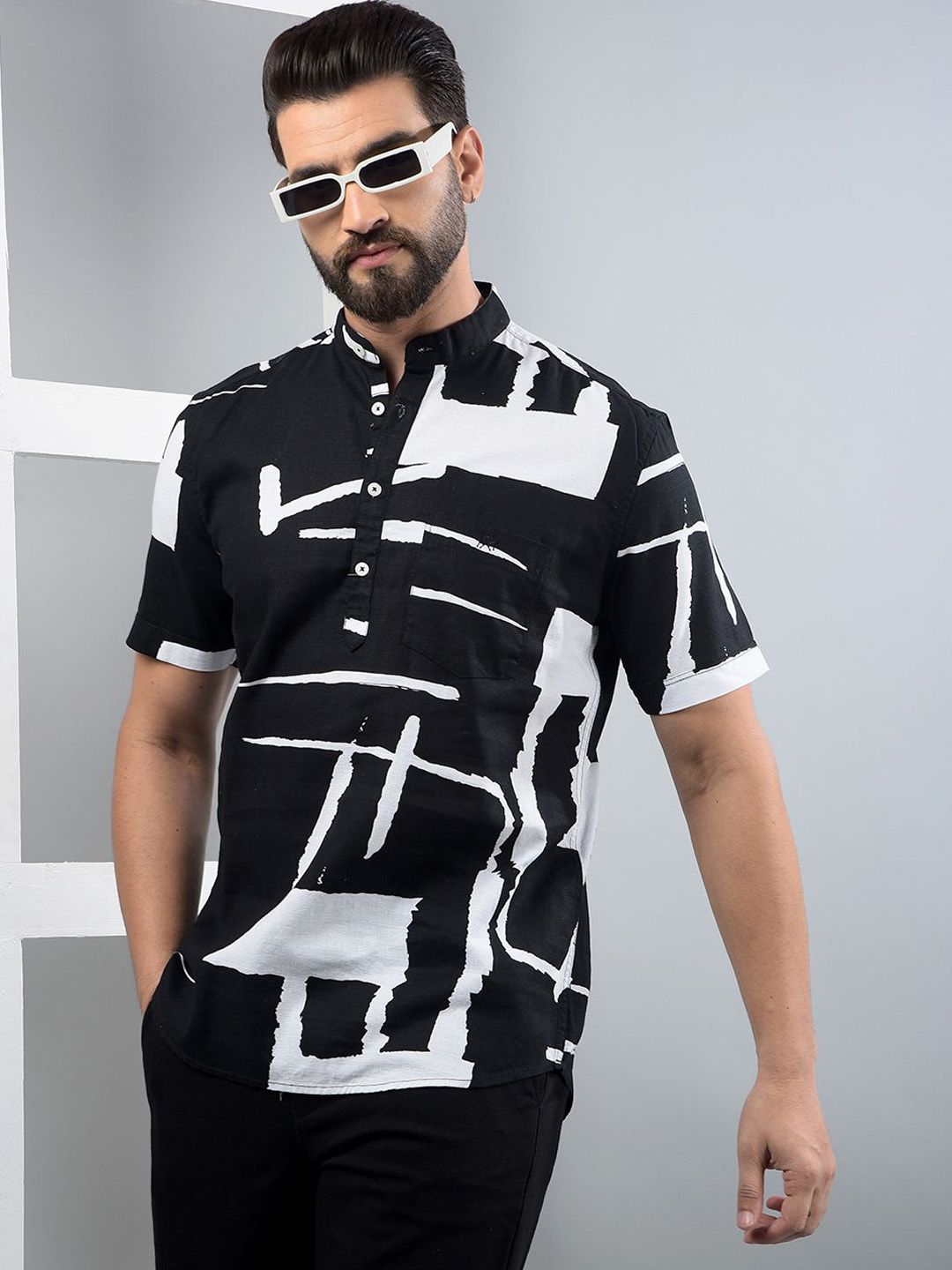 Crimsoune Club Abstract Printed Band Collar Pure Cotton Straight Kurta