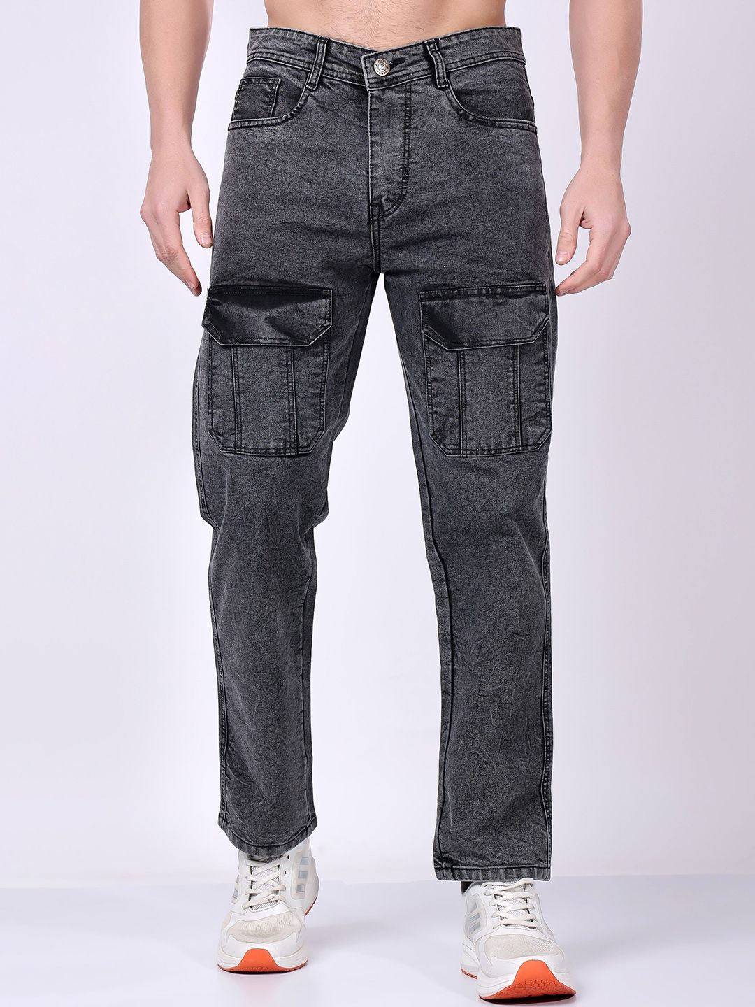 ZAYSH Men Dark Shade Mid-Rise Stretchable Cargo Denim Jeans