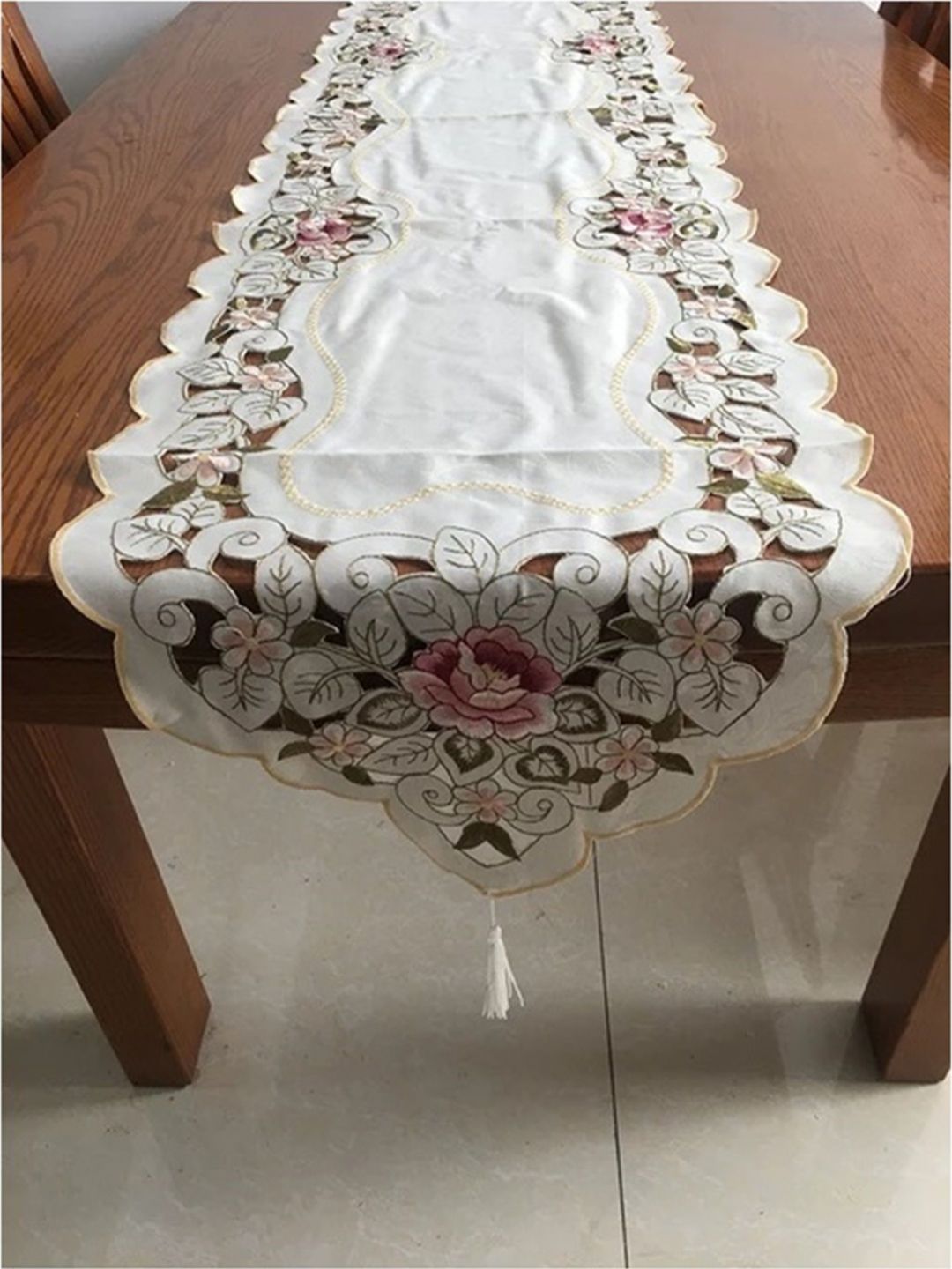 MONKDECOR White & Pink Floral Embroidered With Cut-Work Table Runner