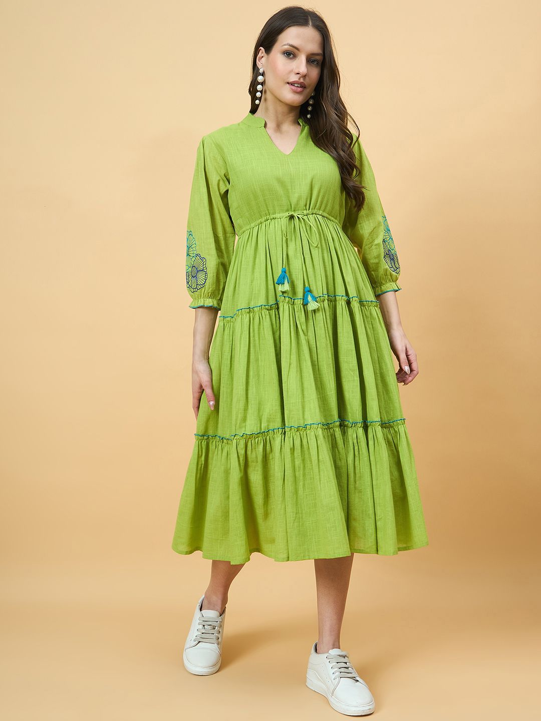 Azira Women Embroidered Pure Cotton Fit & Flare Midi Dress