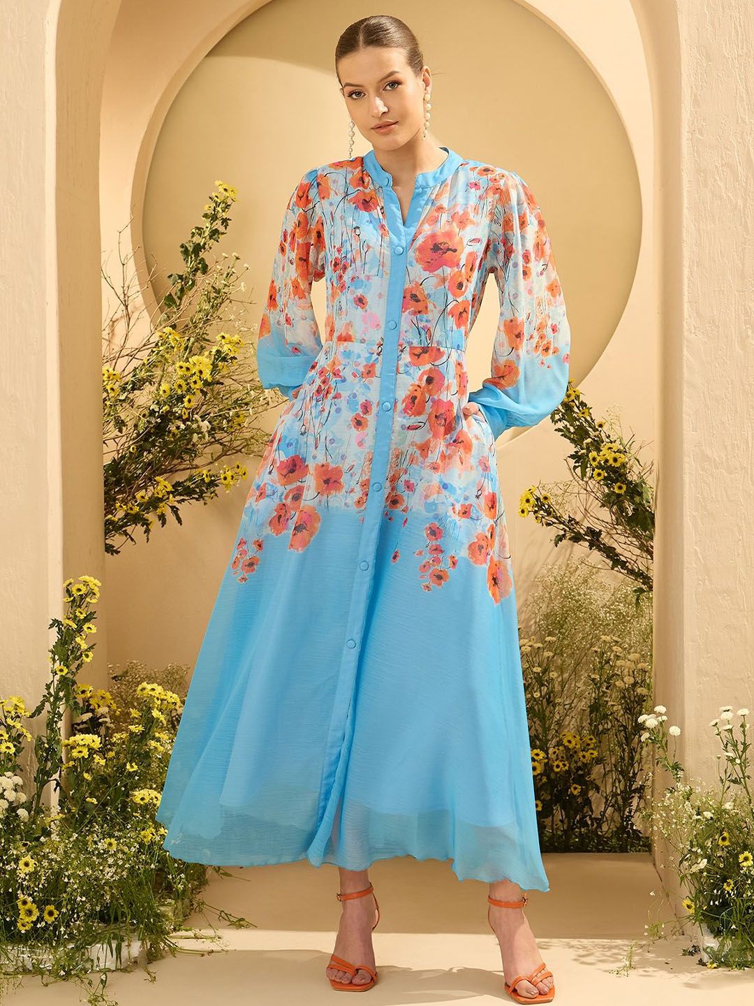 Floral Print A-Line Midi Dress Antheaa Women Floral Printed Flared Sleeve A-Line Midi Dress