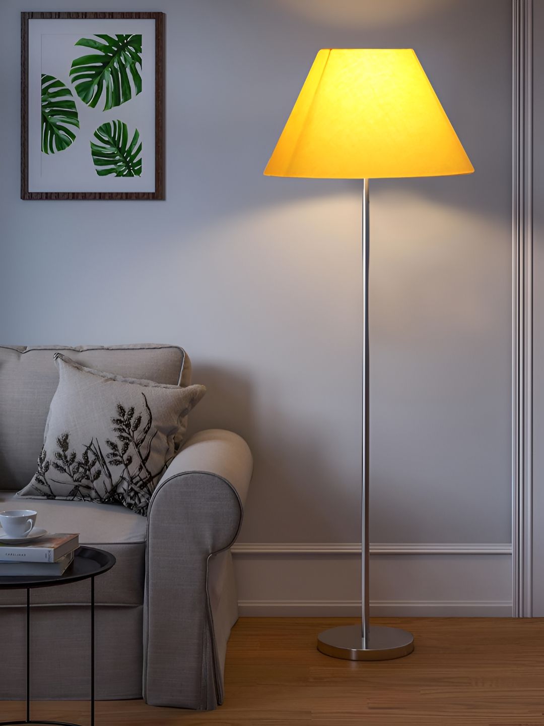 Devansh Yellow & Grey Cotton Frustum Shade Steel Base Floor Lamps