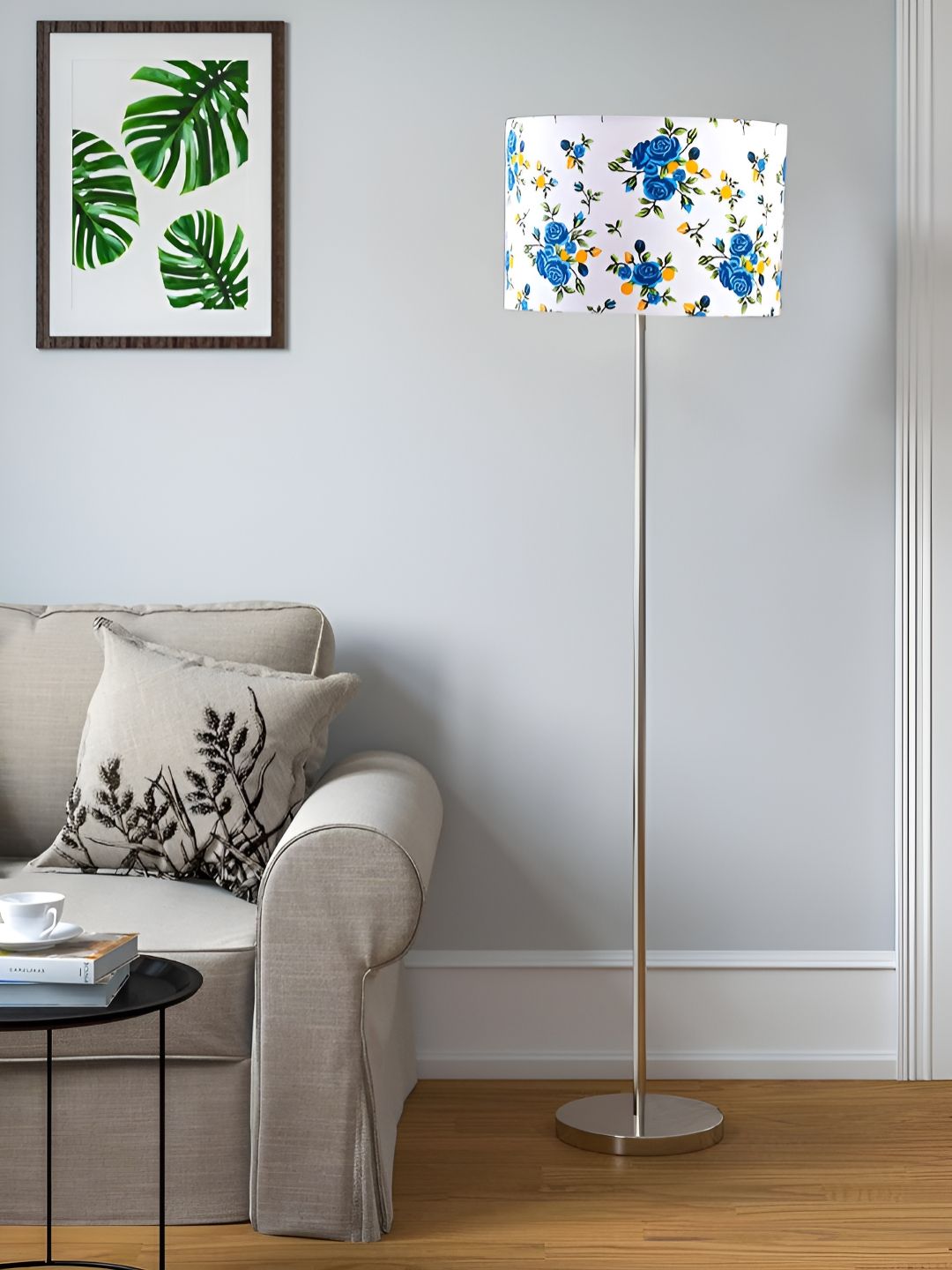 Devansh White & Blue Floral Printed Cylinder Cotton Drum Shaped Floor Lamp