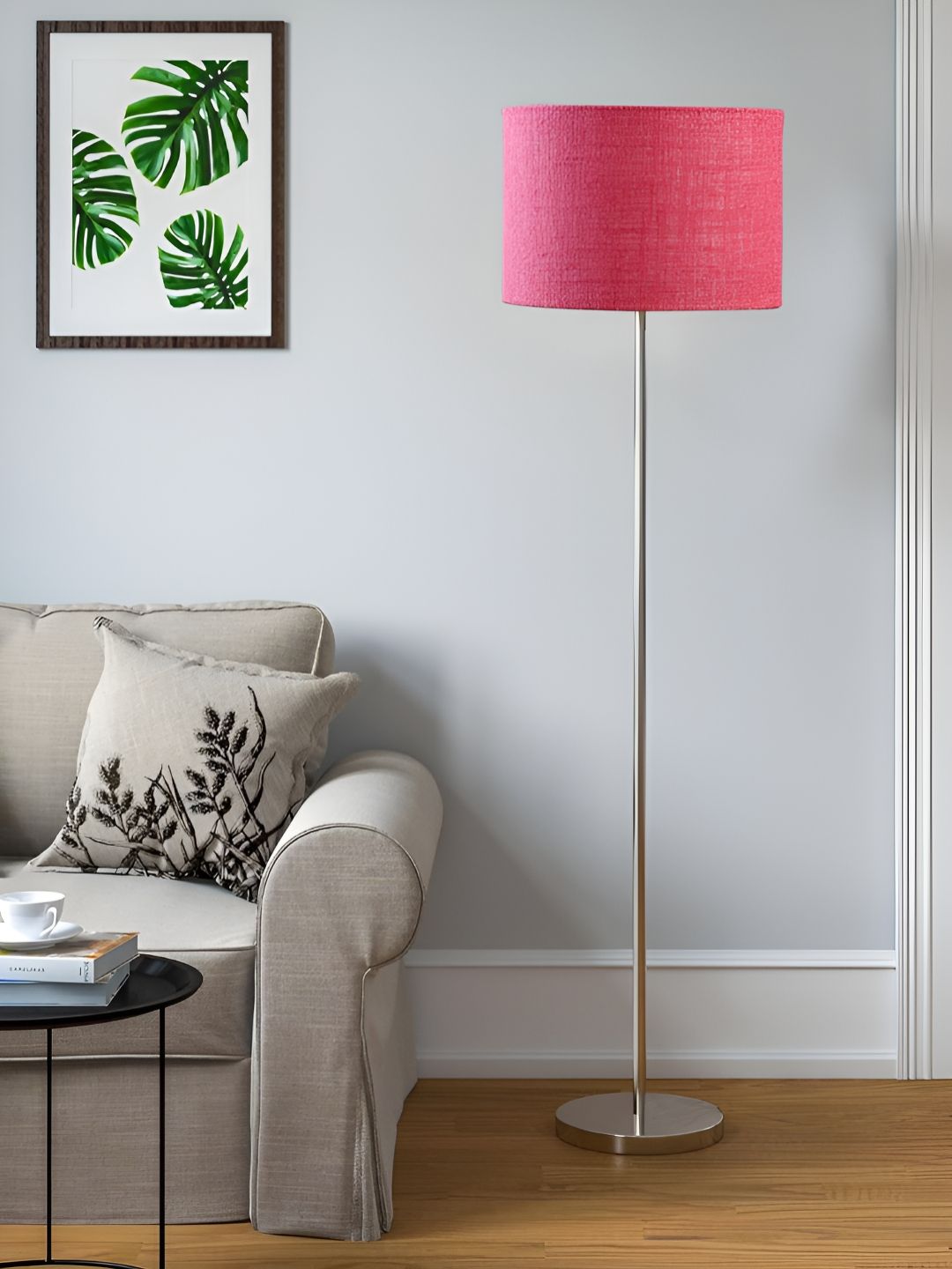 Devansh Pink & Grey Cylendrical Drum Shade Steel Base Floor Lamps