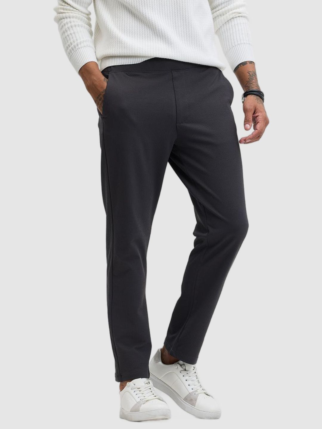 Snitch Men Charcoal Grey Textured Regular Fit Trousers Offers & Cashback