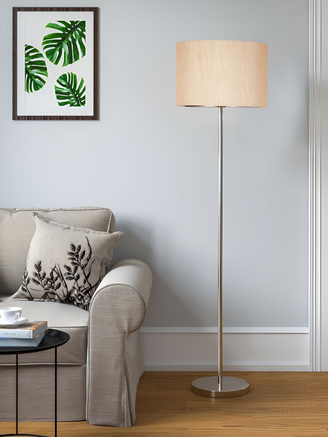 Devansh Off White & Grey Abstract Shaped Cotton Drum Shade Steel Base Floor Lamps