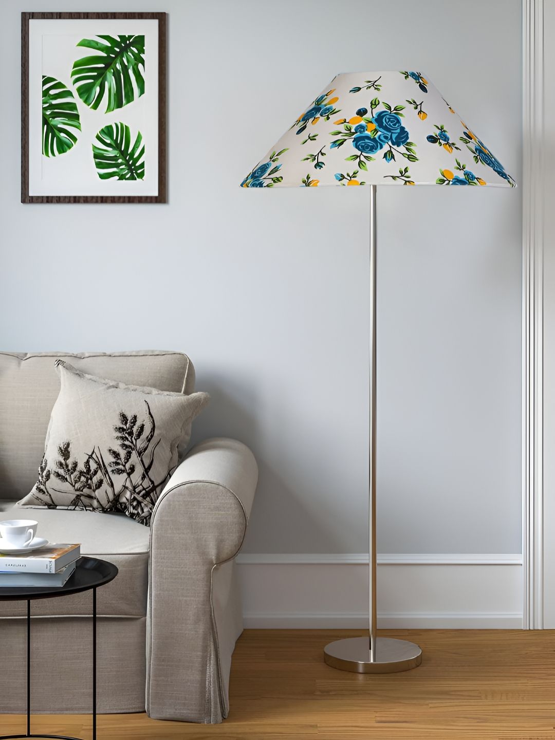Devansh White & Blue Printed Cotton Frustum Shape Floor Lamps