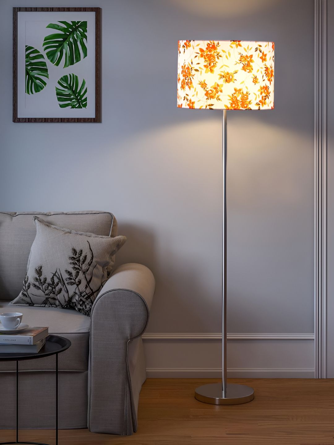 Devansh White & Orange Colored Cotton Drum Shade Steel Base Floor Lamps