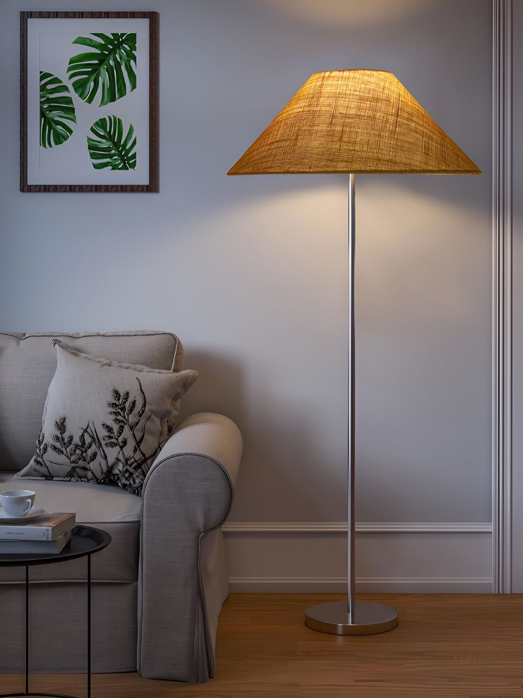 Devansh Yellow & Grey Jute Coolie Shade Frustum Shaped Steel Base Floor Lamp