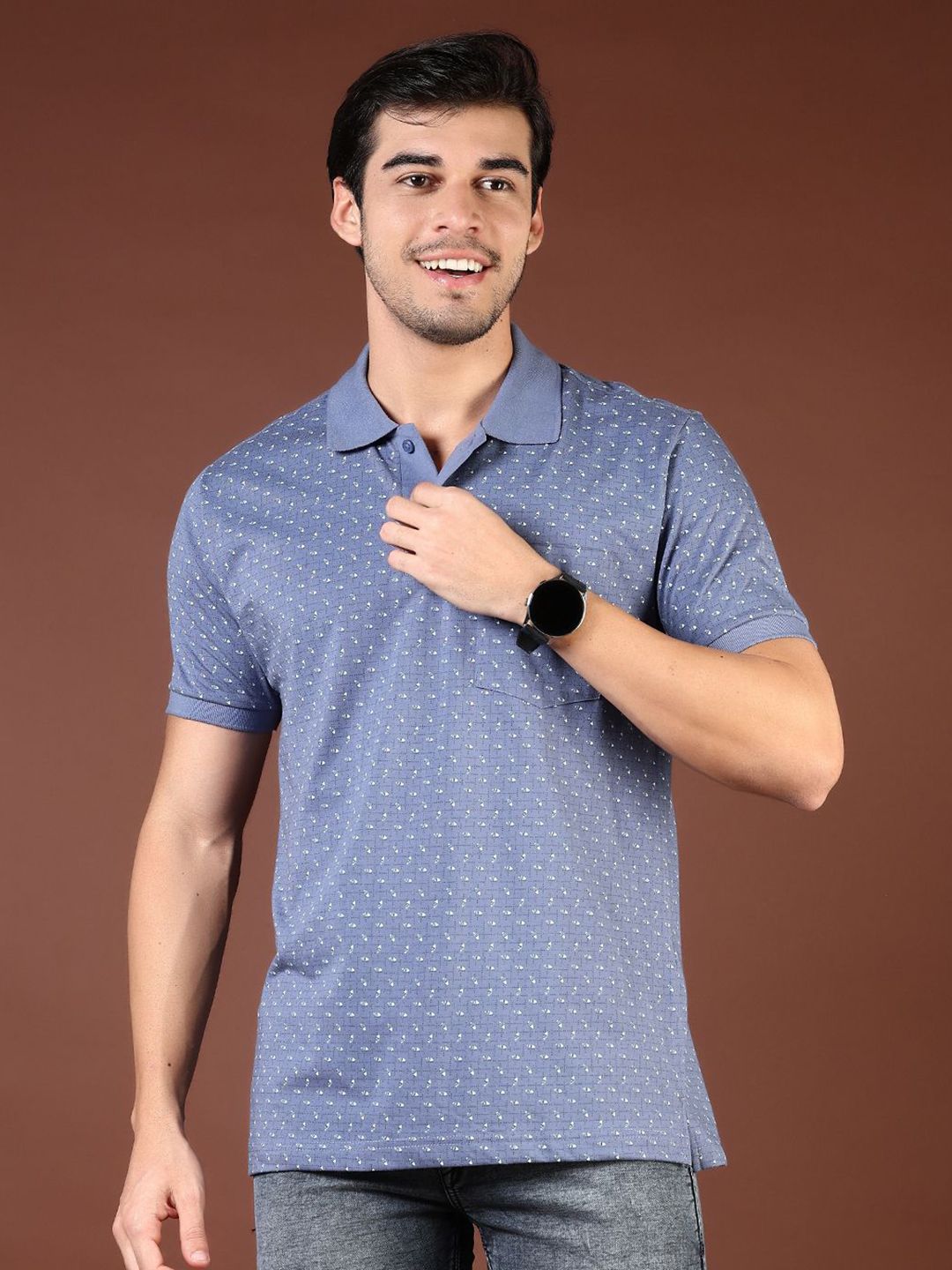 V-Mart Men Geometric Printed Polo Collar Cotton Slim Fit T-shirt