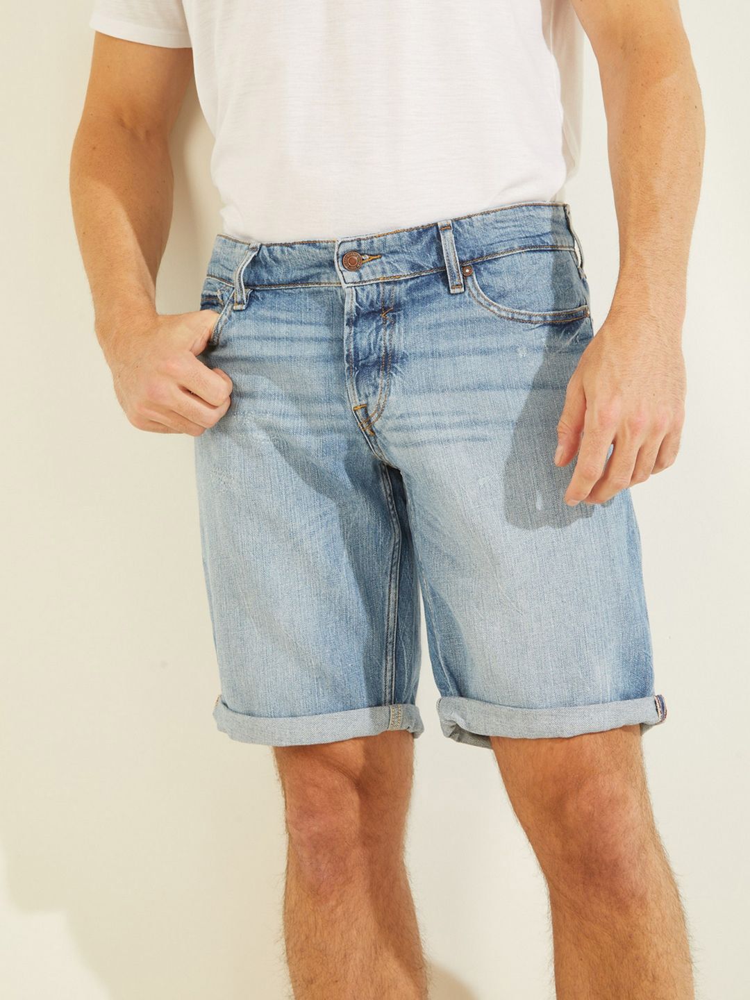 GUESS Men Regular Fit Mid-Rise Denim Shorts