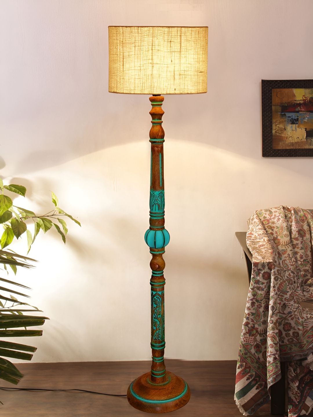 Devansh White & Blue Cylindrical Shaped Traditional Wooden Floor Lamp