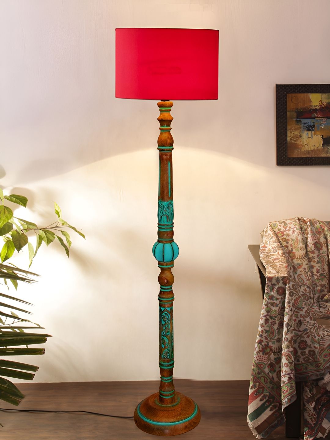 Devansh Red & Blue Cylinder Shaped Wooden Floor Lamp