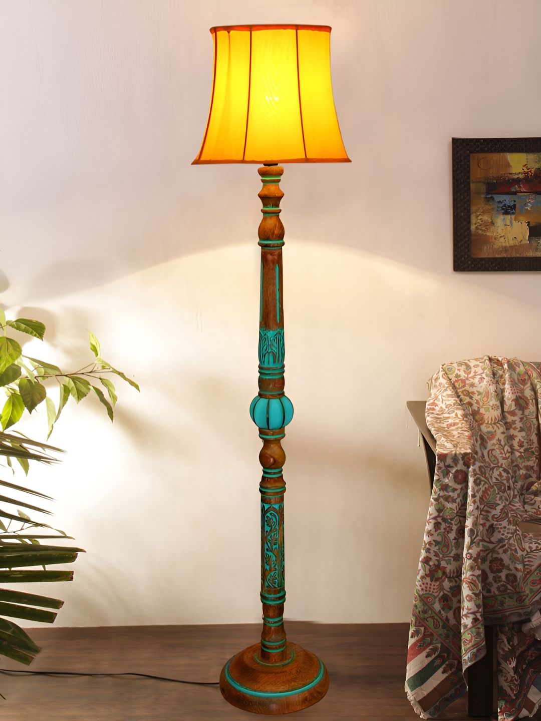 Devansh Brown & Yellow Abstract Shaped Floor Lamp With Wooden Base