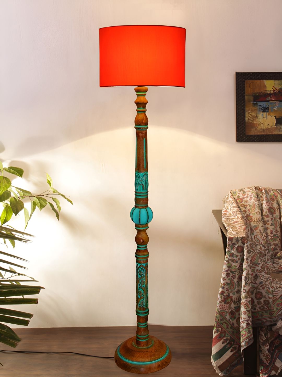 Devansh Beige & Orange Cylinder Shaped Wooden Traditional Floor Lamp