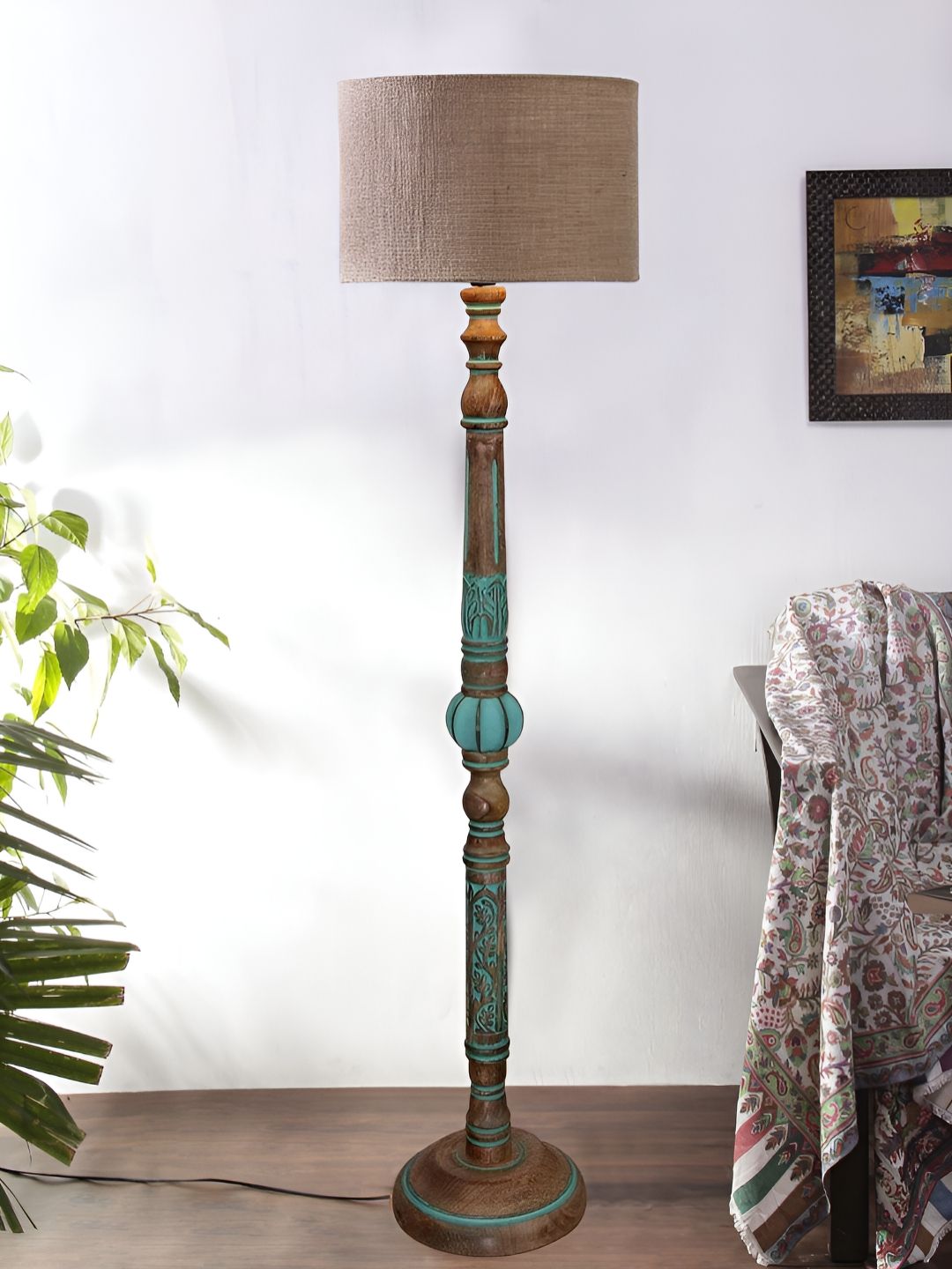 Devansh Beige & Turquoise Blue Cylindrical Shaped Traditional Wooden Floor Lamp