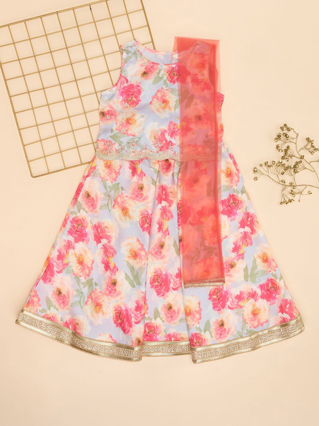 AKKRITI BY PANTALOONS Girls Floral Printed Ready to Wear Lehenga & Blouse With Dupatta