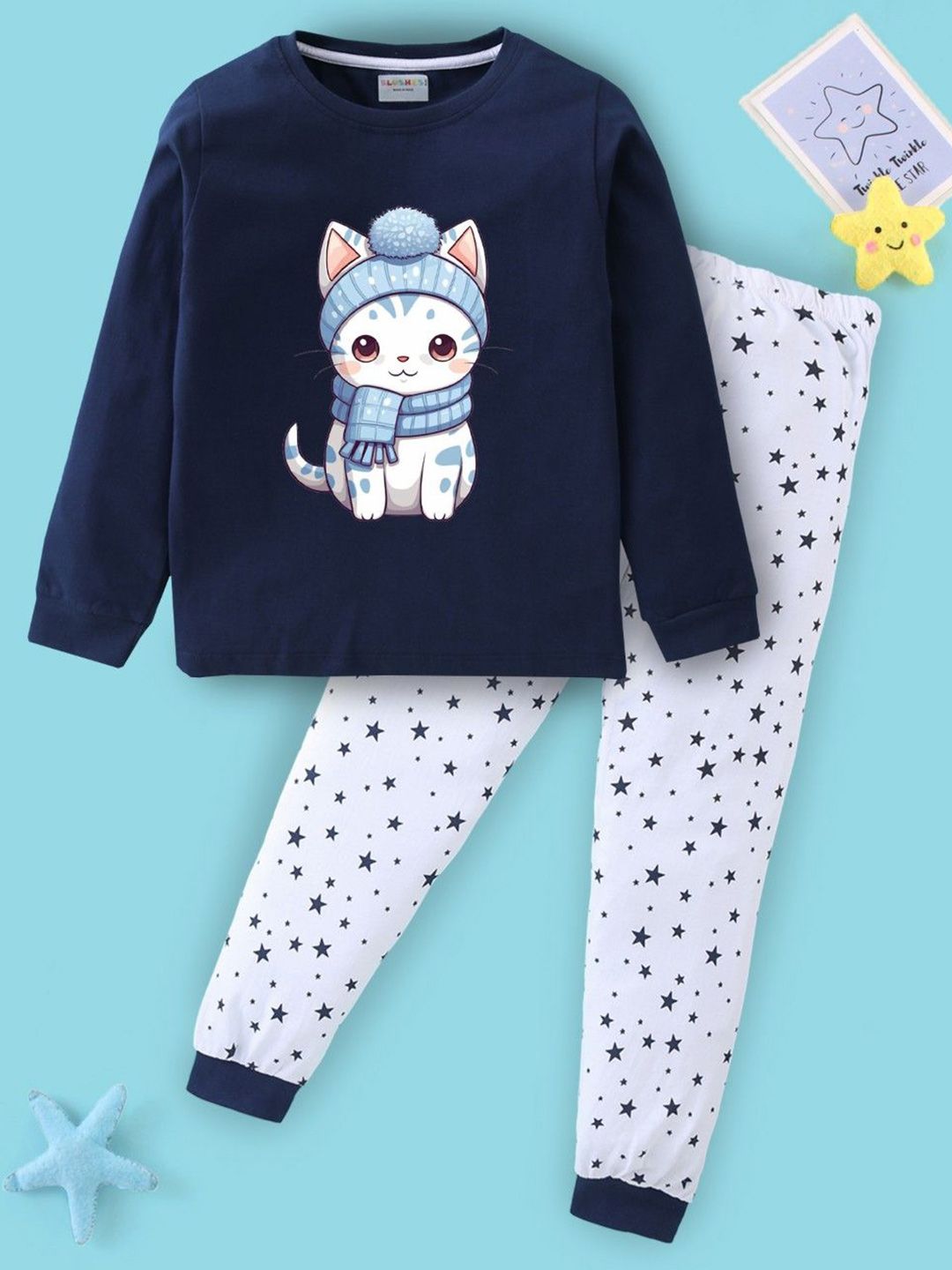 BLUSHES Kids Printed Pure Cotton T-shirt & Joggers Night Suit