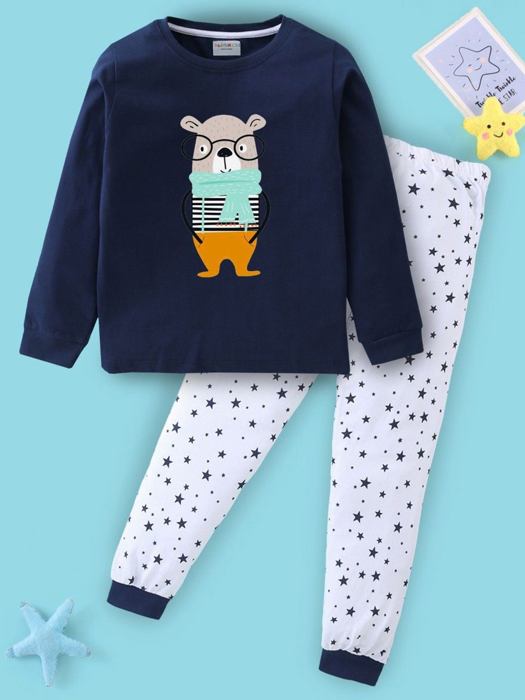BLUSHES Kids Printed Round Neck Pure Cotton T-Shirt & Trousers Night suit
