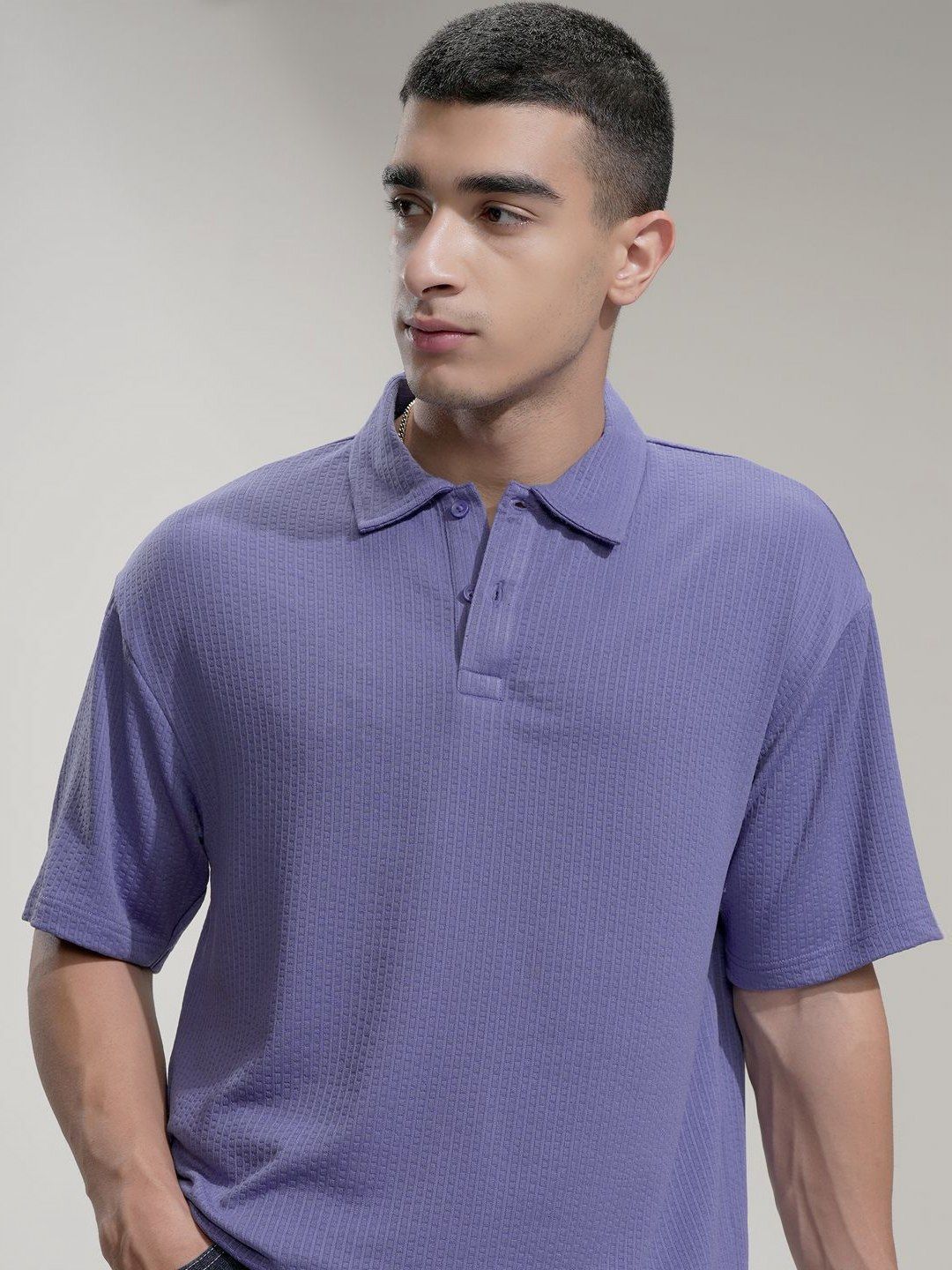 HIGHLANDER Men Polo Collar Drop-Shoulder Sleeves Relaxed Fit T-shirt