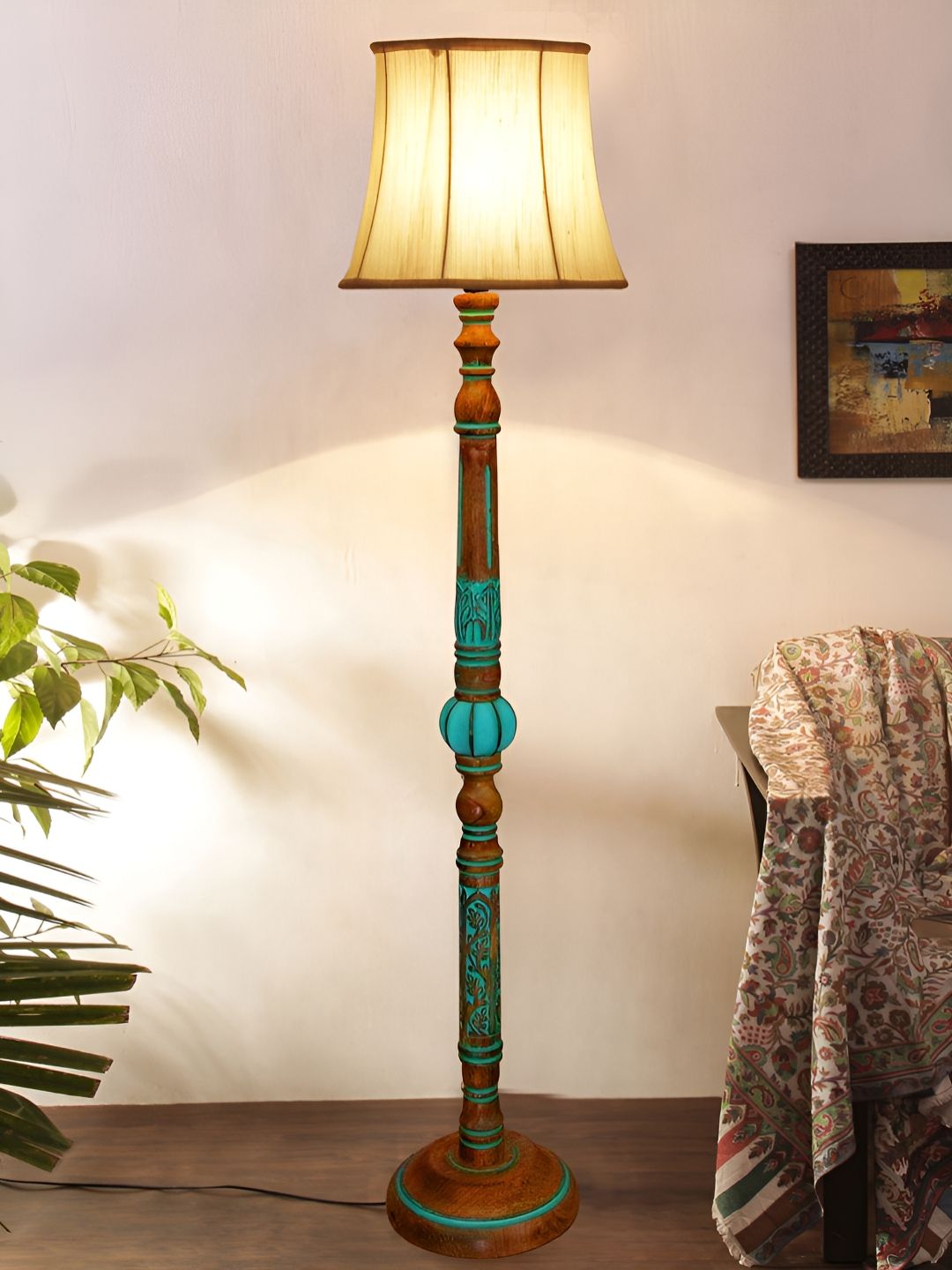 Devansh White & Black Cotton Drum Shade Wood Base Floor Lamps