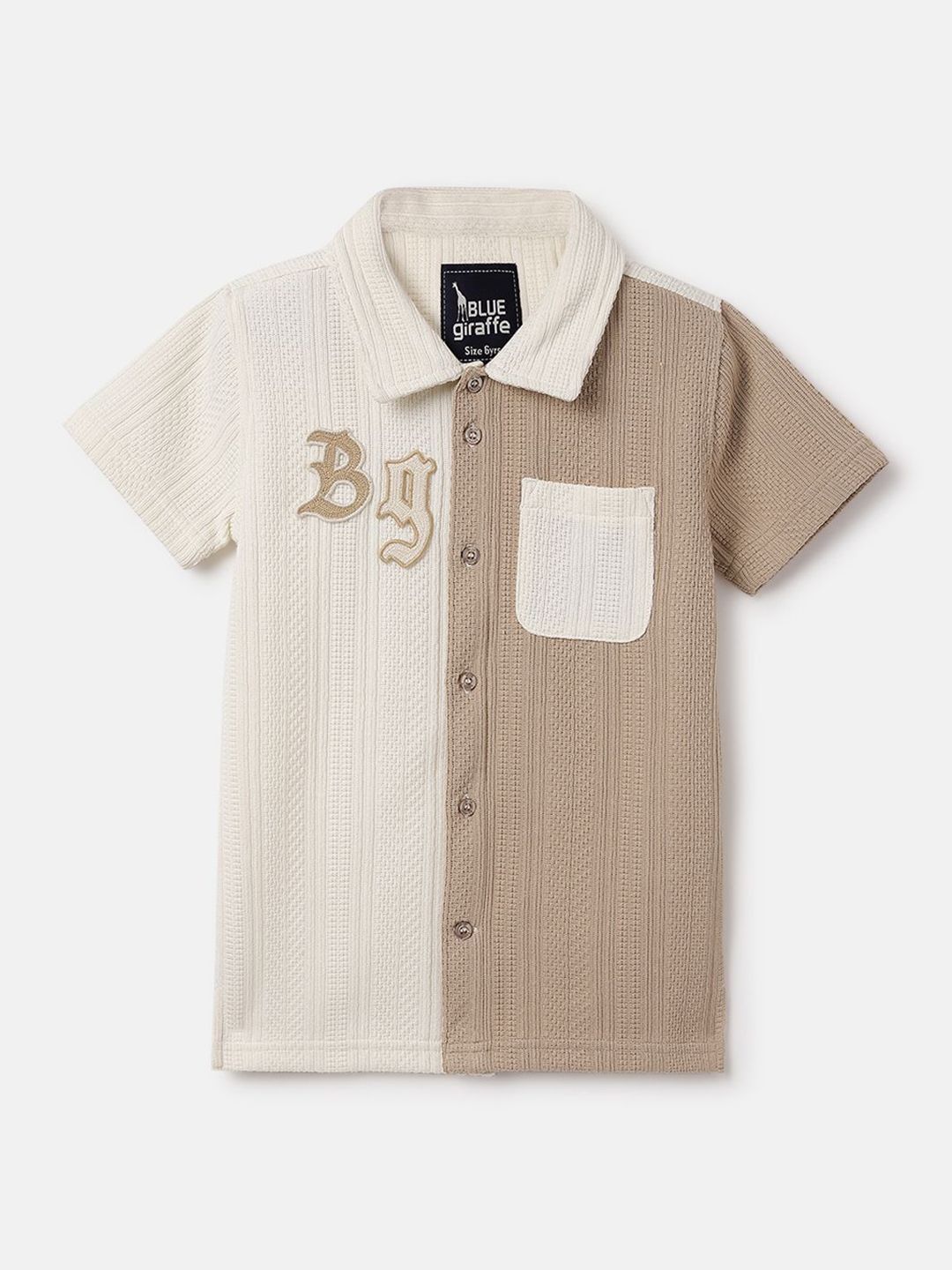 Blue Giraffe Boys Spread Collar Textured Badge Regular Fit Stretchable Shirt