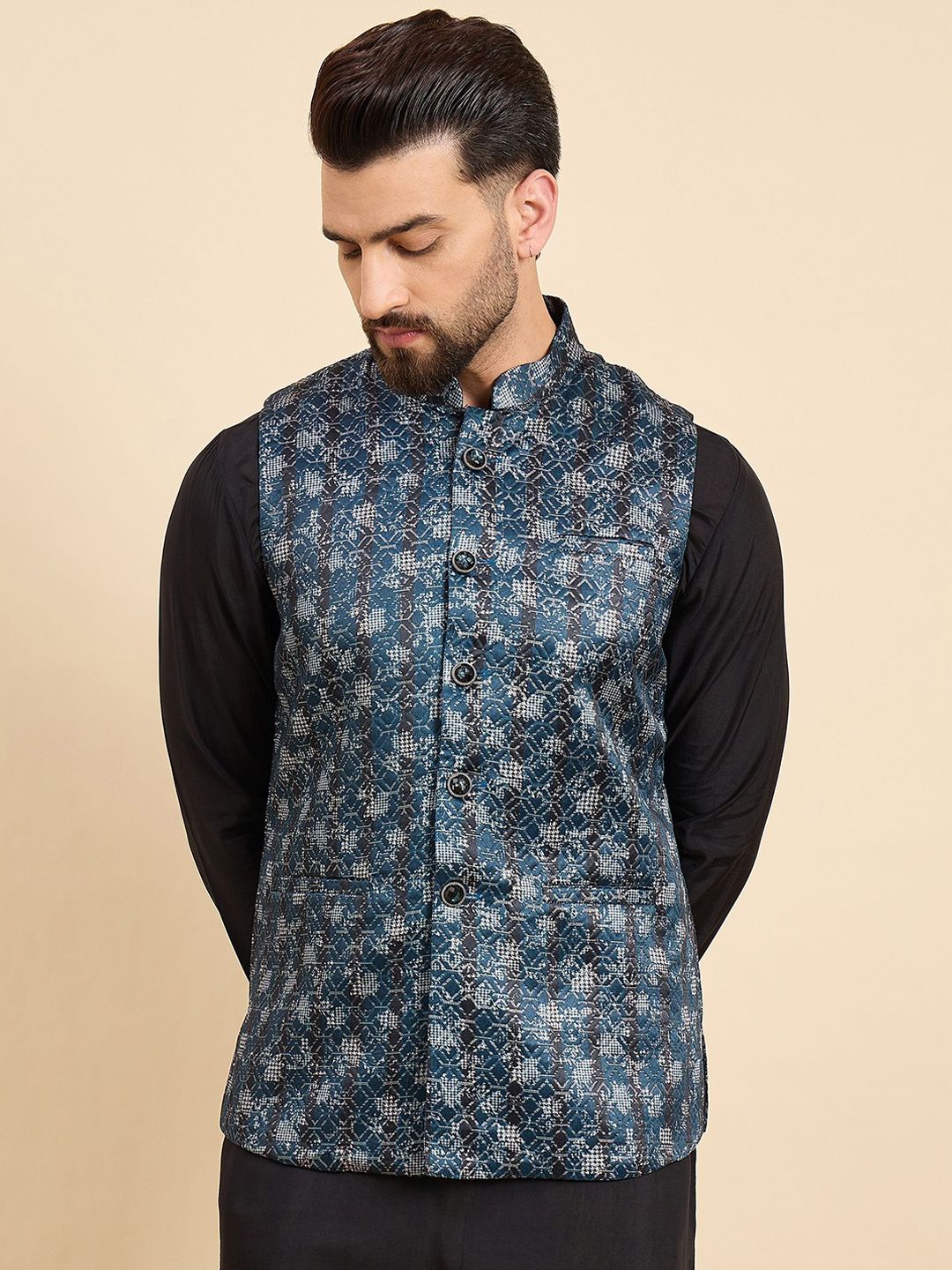 House of Pataudi Men Printed Woven Nehru Jacket